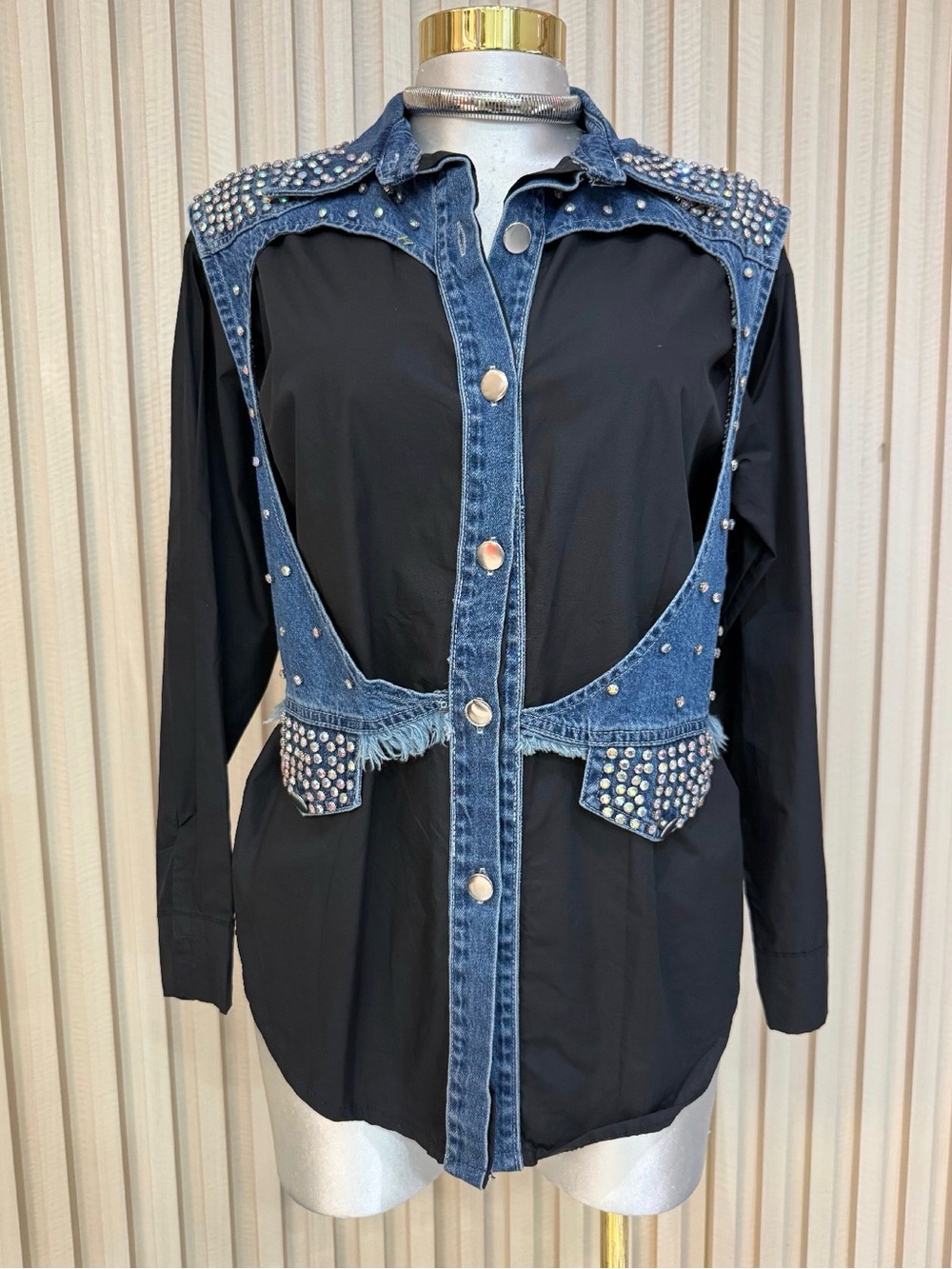 Trendy boutique Black Shirt with Blue Studded Denim Vest Overlay